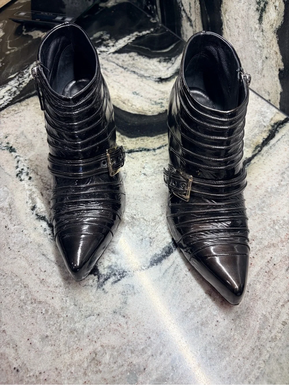 Silvano Lattanzi Black Patent Leather Buckle Ankle Boots Heels Size 38 Italy